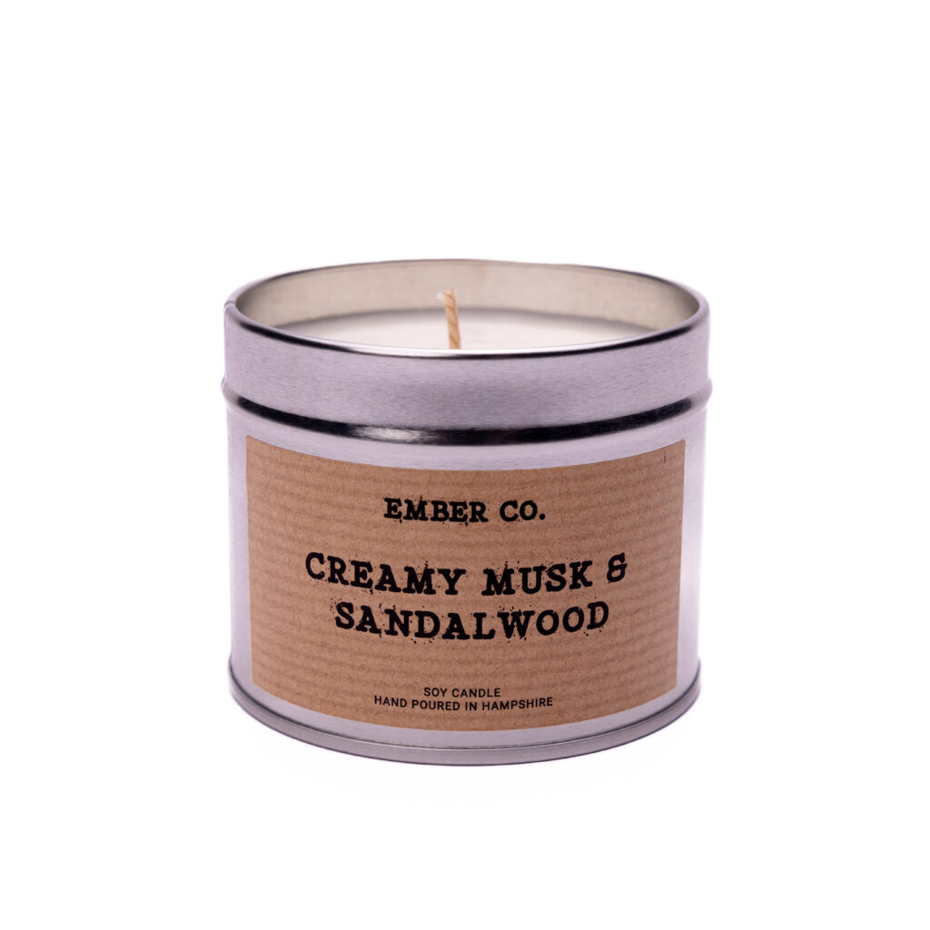 Ember Co Creamy Musk & Sandalwood silver tin autumn candles